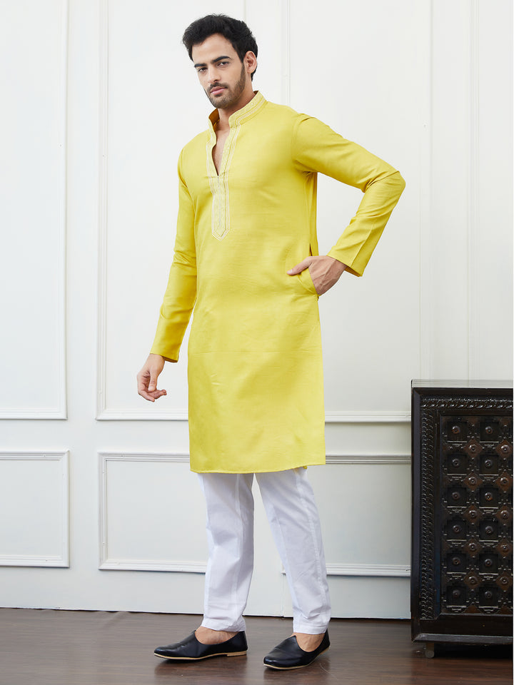 Solid Pure Cotton Straight Kurta with Embroidered Sequin and Thread worked Neck Design and Pyjama