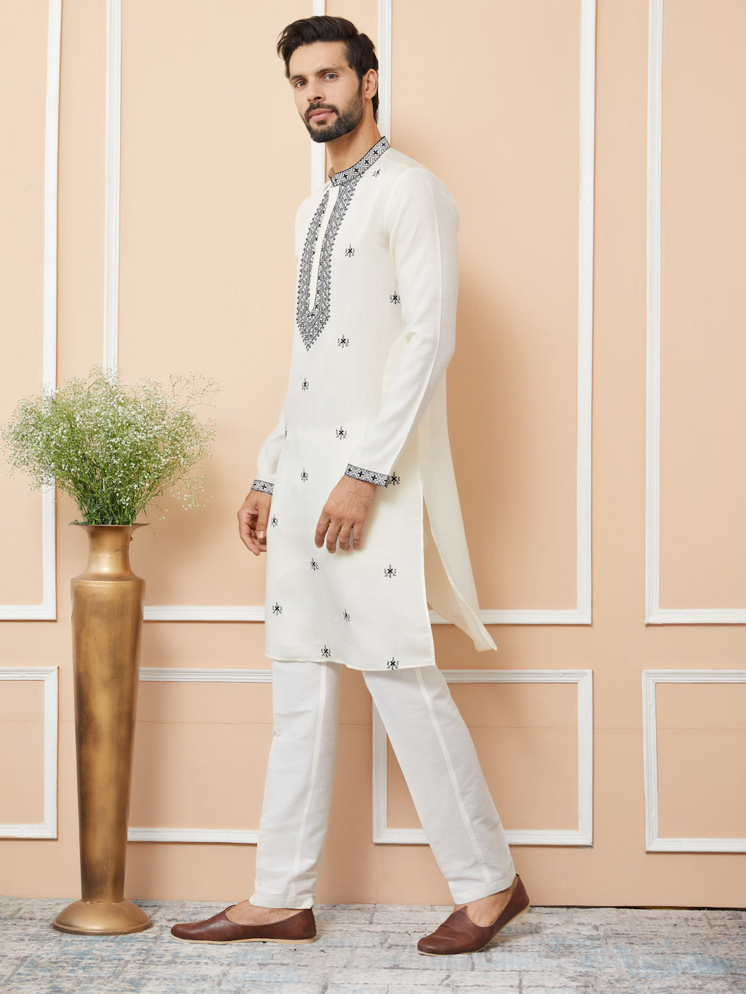 Cream Embroidered Chanderi Silk Straight Kurta with Pyjama