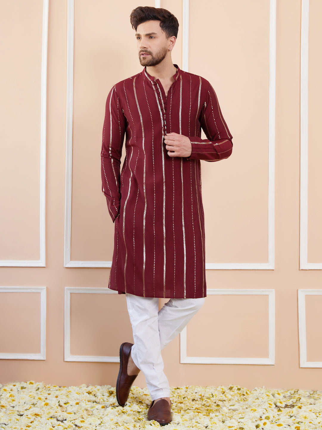 Men Maroon and Gold Sequins Embroidered Chanderi Silk Straight Kurta