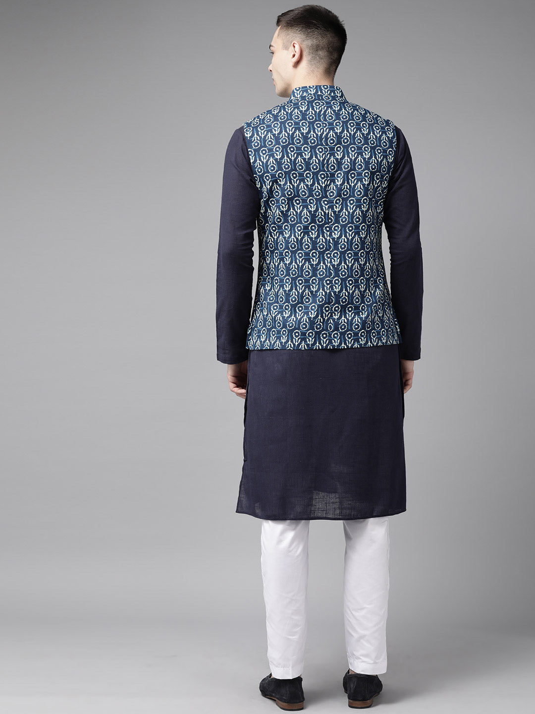 Pure Cotton Kurta with Pyjama & Printed Nehru Jacket