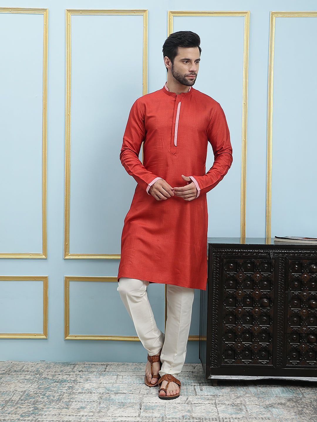 Solid Cotton Silk Straight Kurta with Pyjama