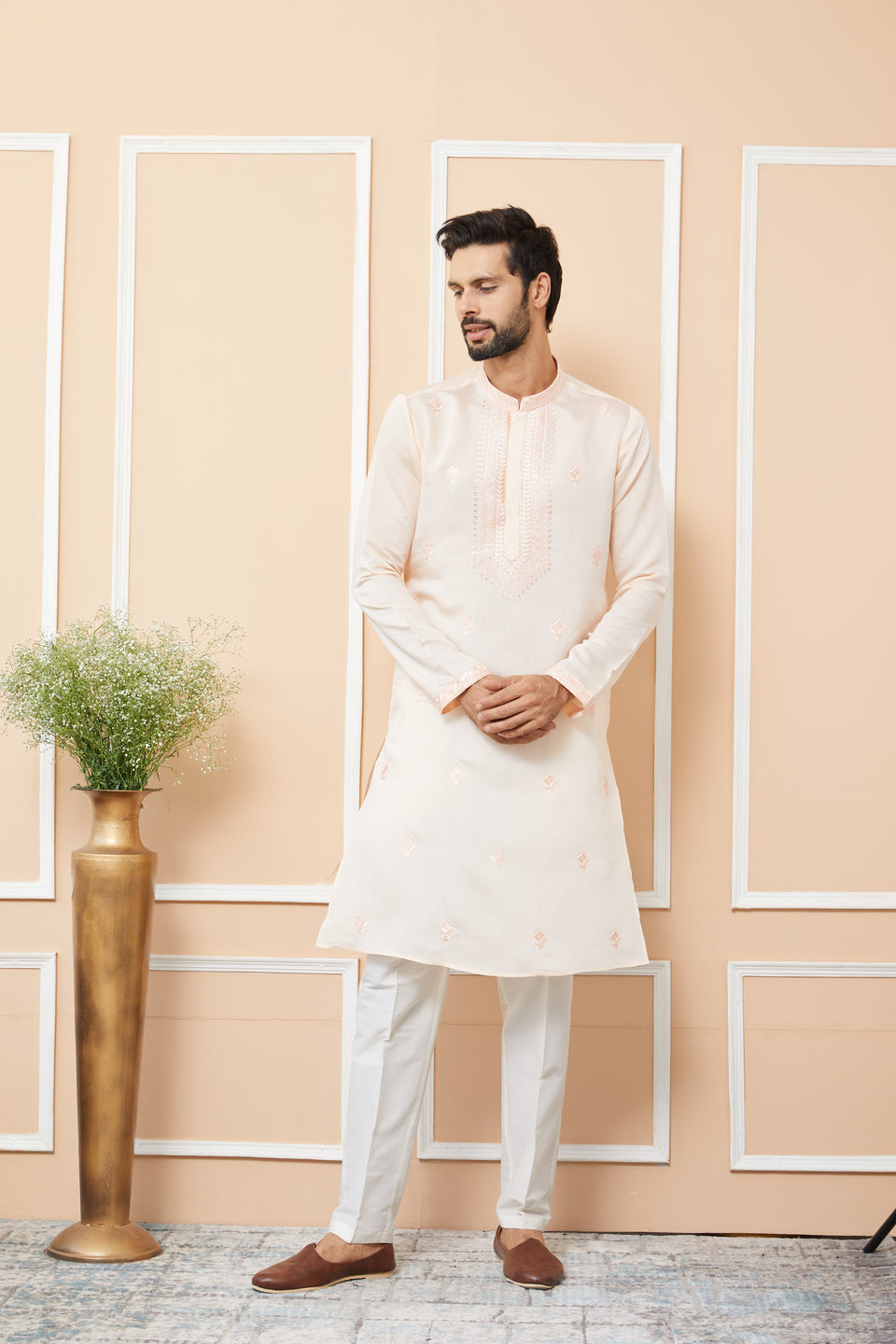 Peach Embroidered Chanderi Silk Straight Kurta