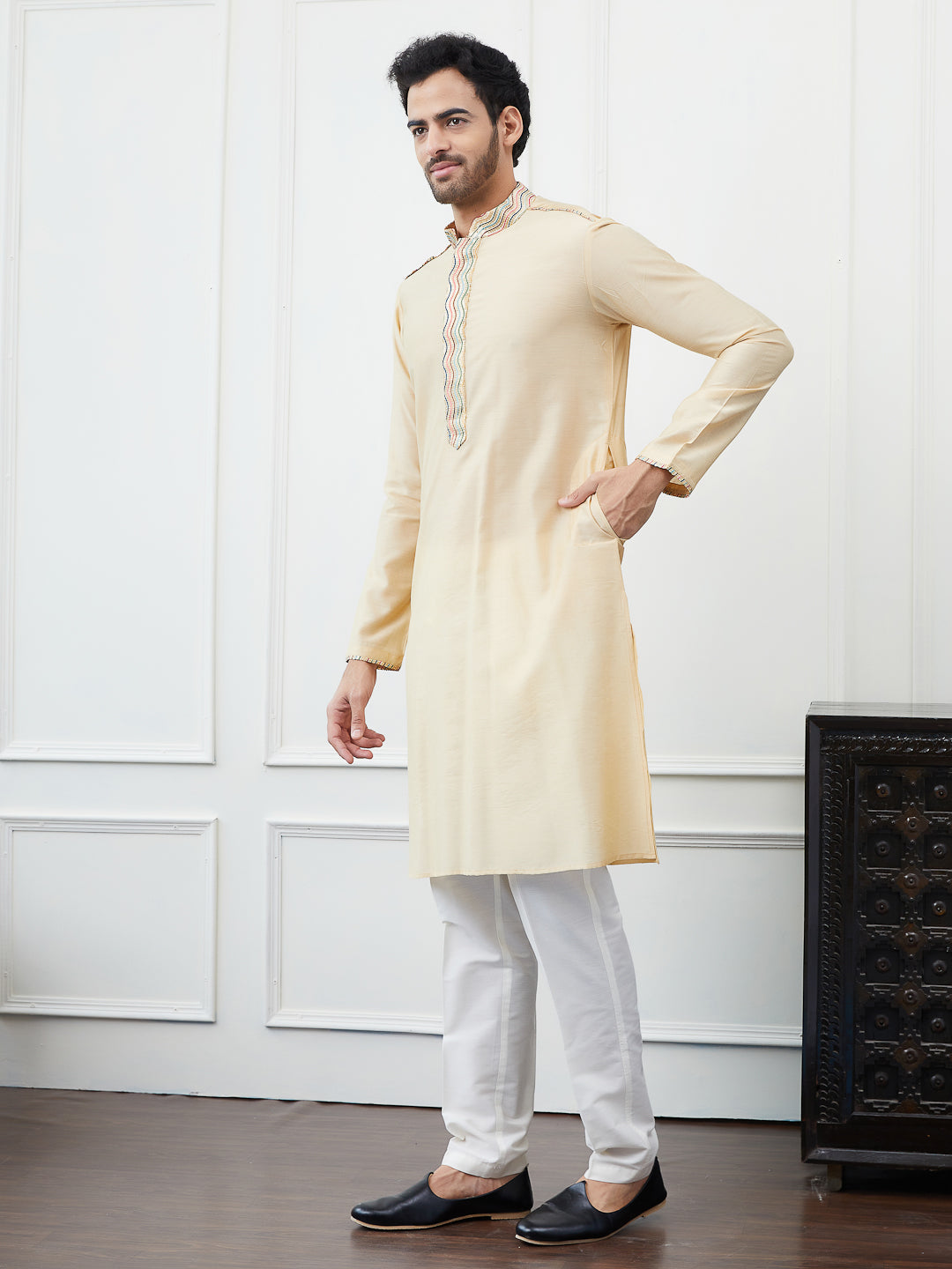 Solid Pure Cotton Straight Kurta with Embroidered Flacked and Pyjama