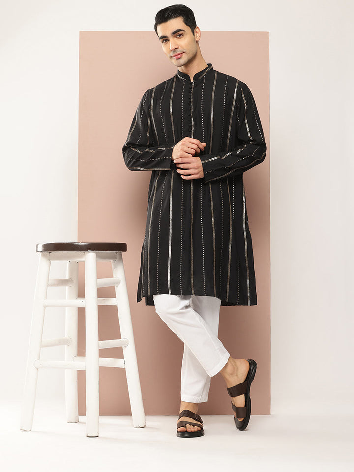 Men's Black Chanderi Silk Kurta with Sequin Embroidery, Paired with Pyjama