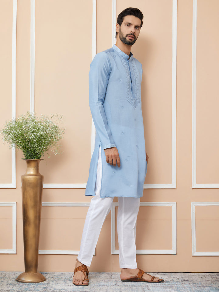 Light Blue Embroidered Chanderi Silk Straight Kurta with Pyjama