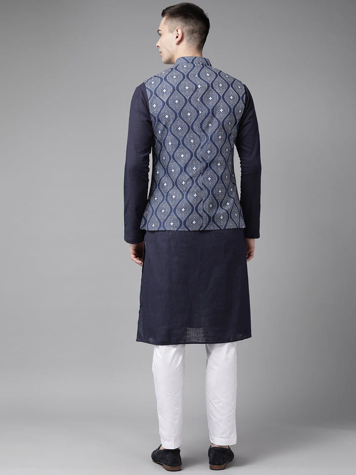 Pure Cotton Kurta with Pyjama & Printed Nehru Jacket