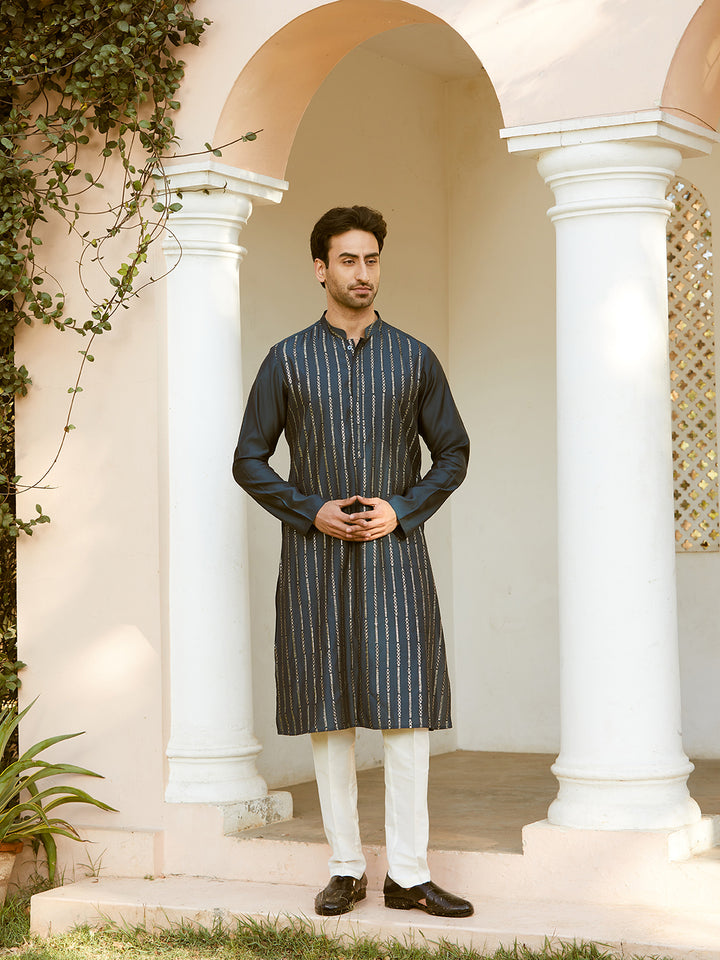 Sequins Embroidered Pure Chanderi Silk Straight Kurta with Pyjama