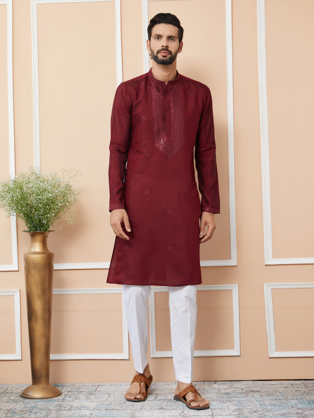 Maroon Embroidered Chanderi Silk Straight Kurta