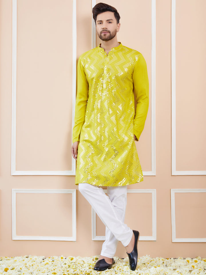 Men Lime Green Sequins Embroidered Chanderi Silk Straight Kurta With Pajama