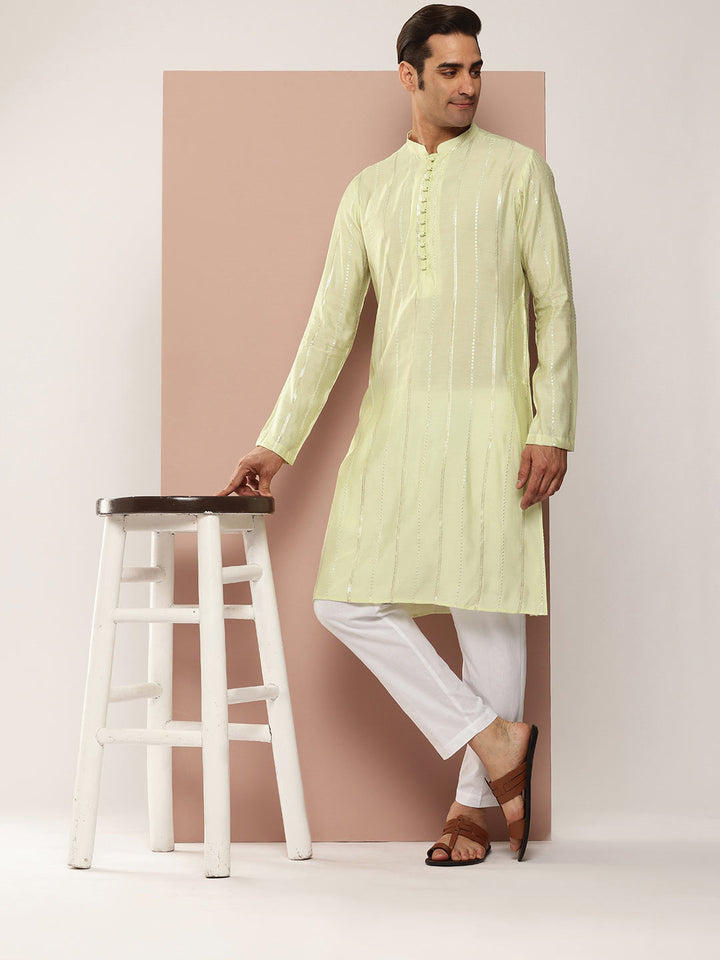 Cream Chanderi Silk Kurta with Sequin Embroidery, Paired with Pyjama