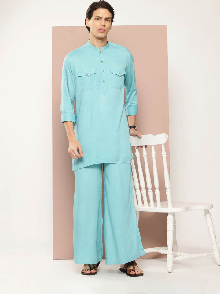 Men's Light Blue Rayon Solid Pathani Set