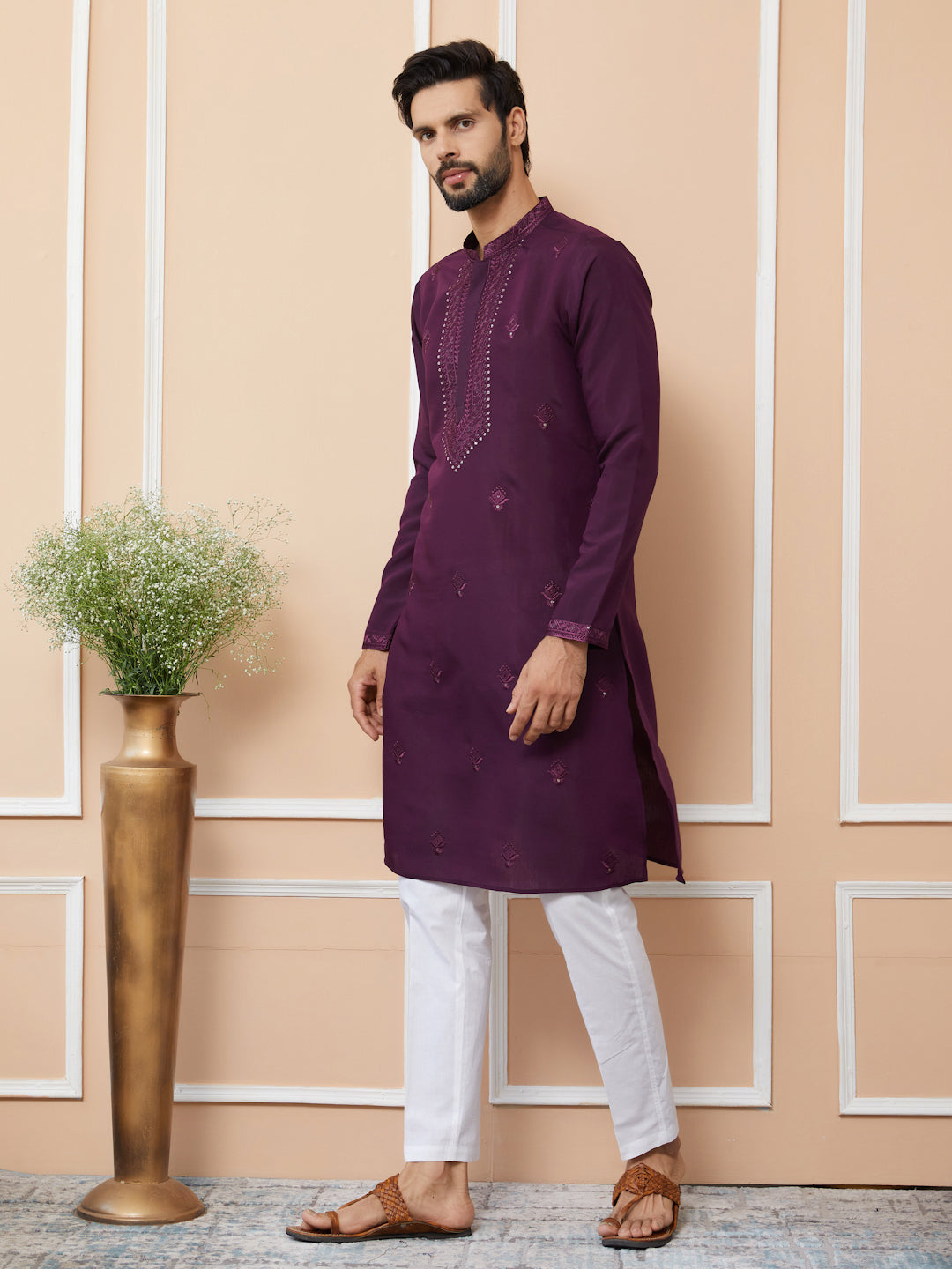 Dark Purple Embroidered Chanderi Silk Straight Kurta