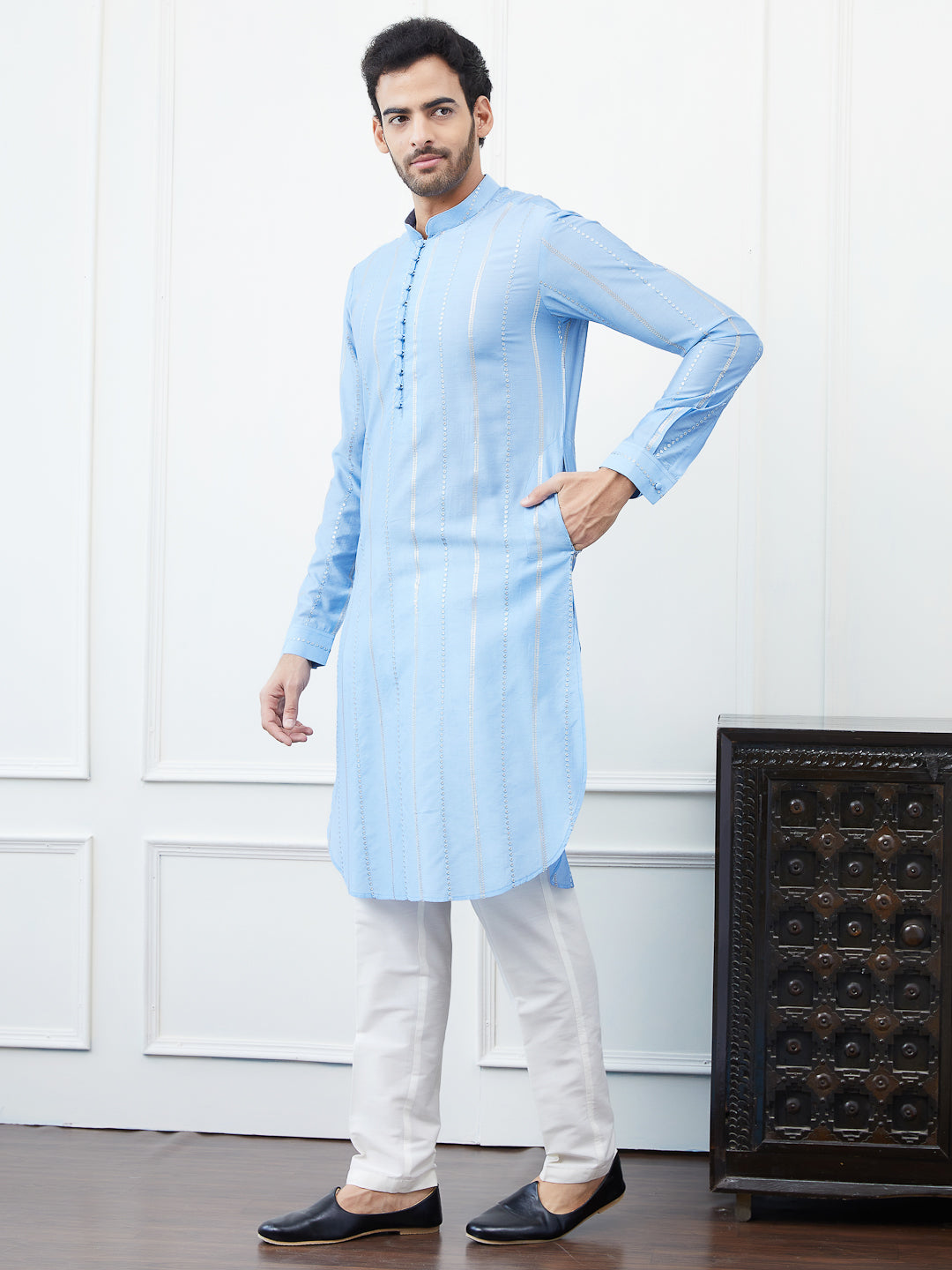 Sequins Embroidered Chanderi Silk Straight Kurta with Pyjama