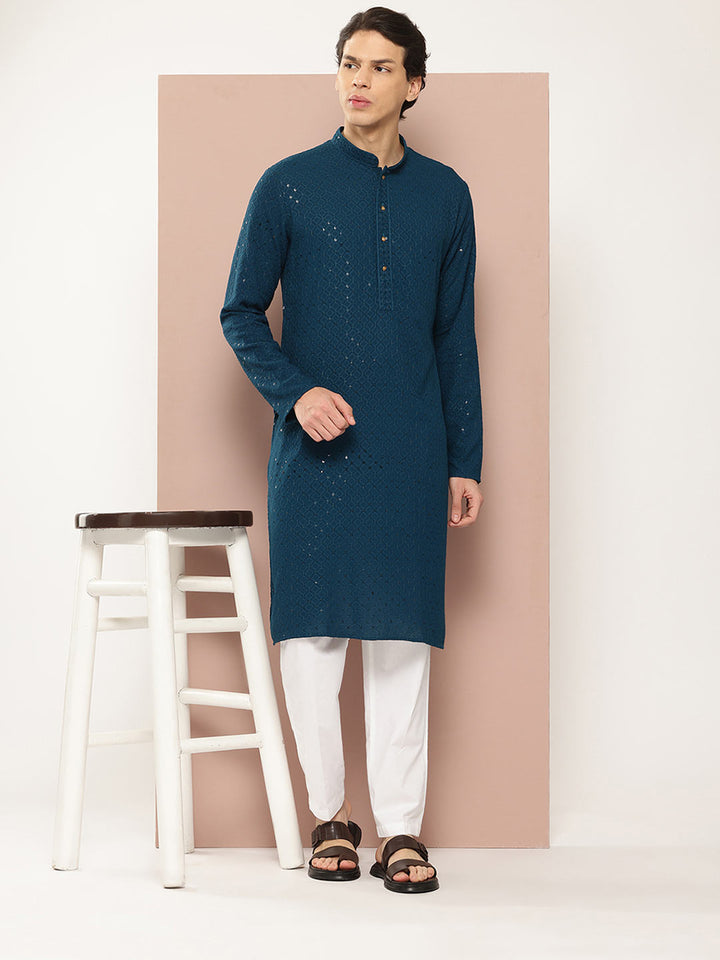 Men's Dark Blue Sequin Embroidered Rayon Kurta, Paired with Pyjama