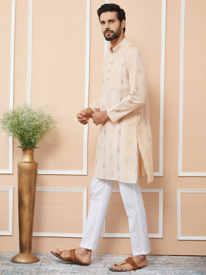 Peach Cotton Handloom motifs Straight Kurta