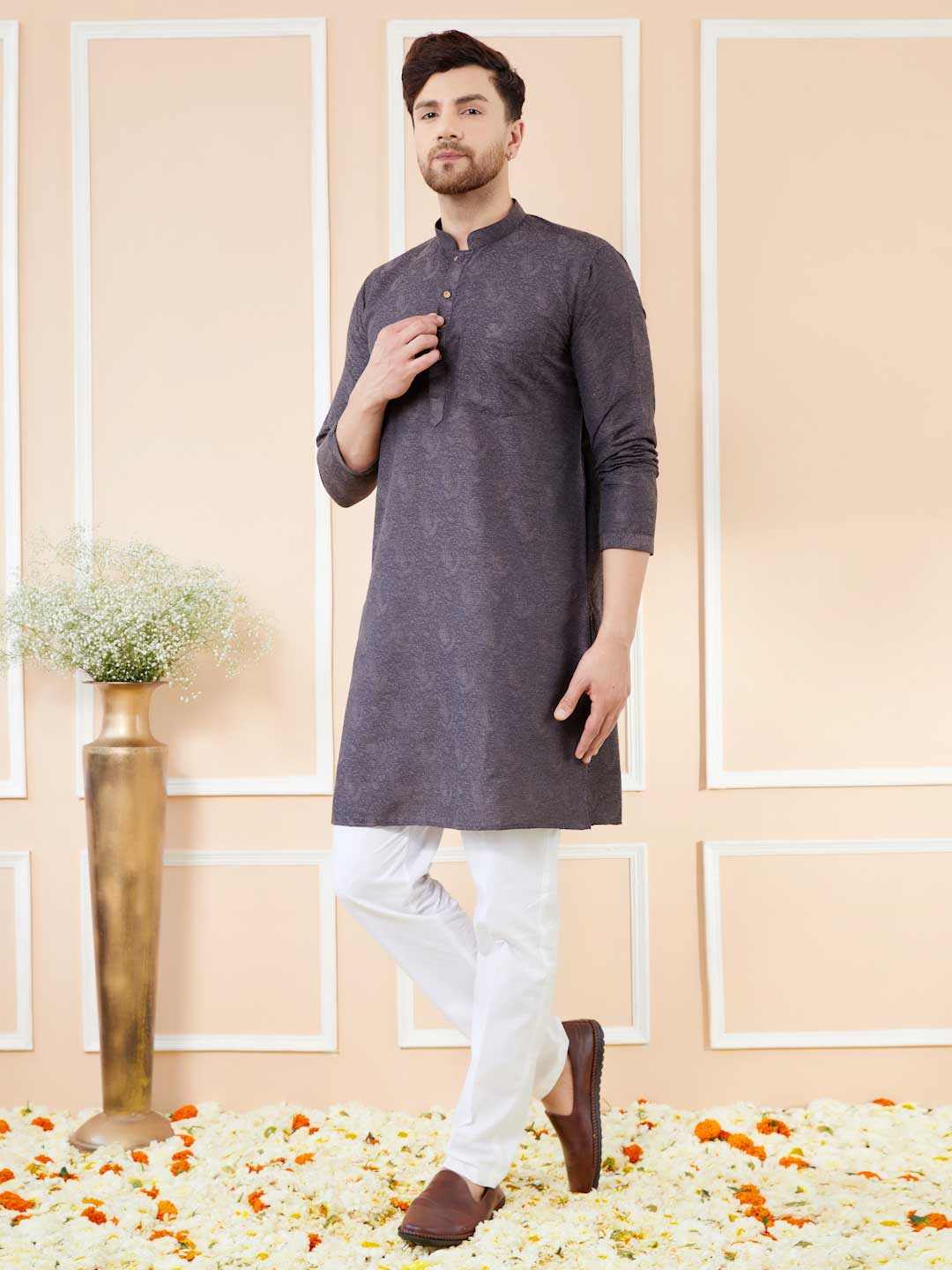 Black Ethnic Motifs Silk Jacquard Woven Design Straight Kurta with Pyjama