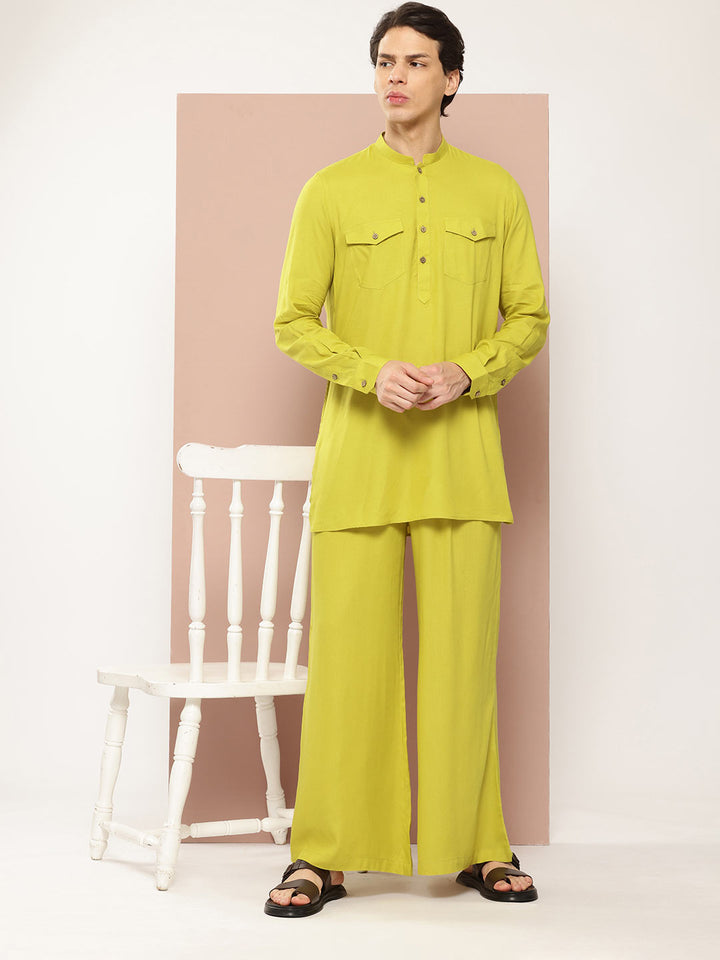 Men's Lime Green Rayon Solid Pathani Set