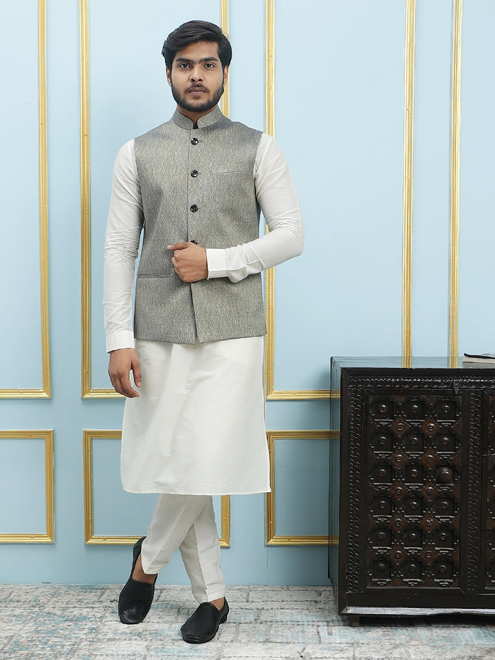 Pure Silk Kurta & Pyjama with Woven Jacquard Nehru Jacket