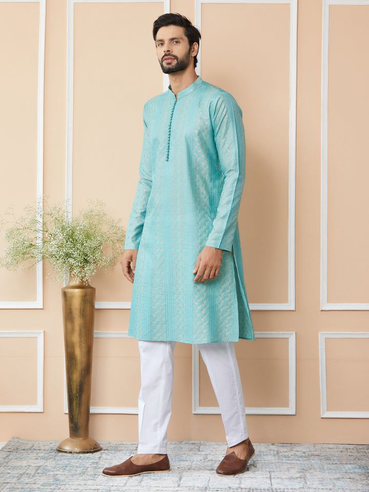 Ice Green Embroidered Thread Work Sequinned Chanderi Silk Straight Kurta