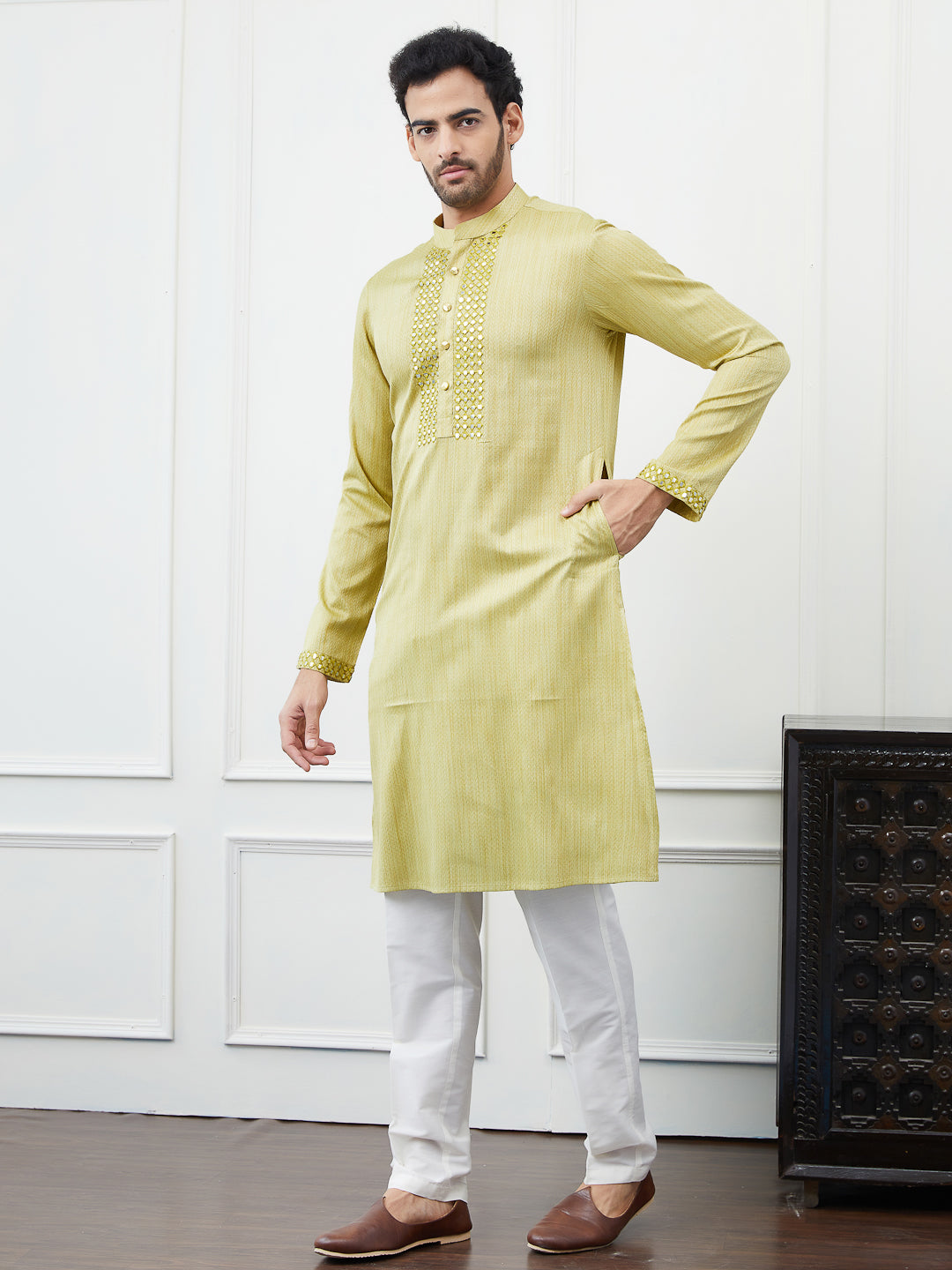 Embroidered Sequin Mirror Worked Pure Cotton Straight Kurta