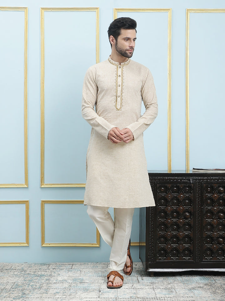 Solid Pure Cotton Straight Kurta with Embroidered Neck Design and Pyjama