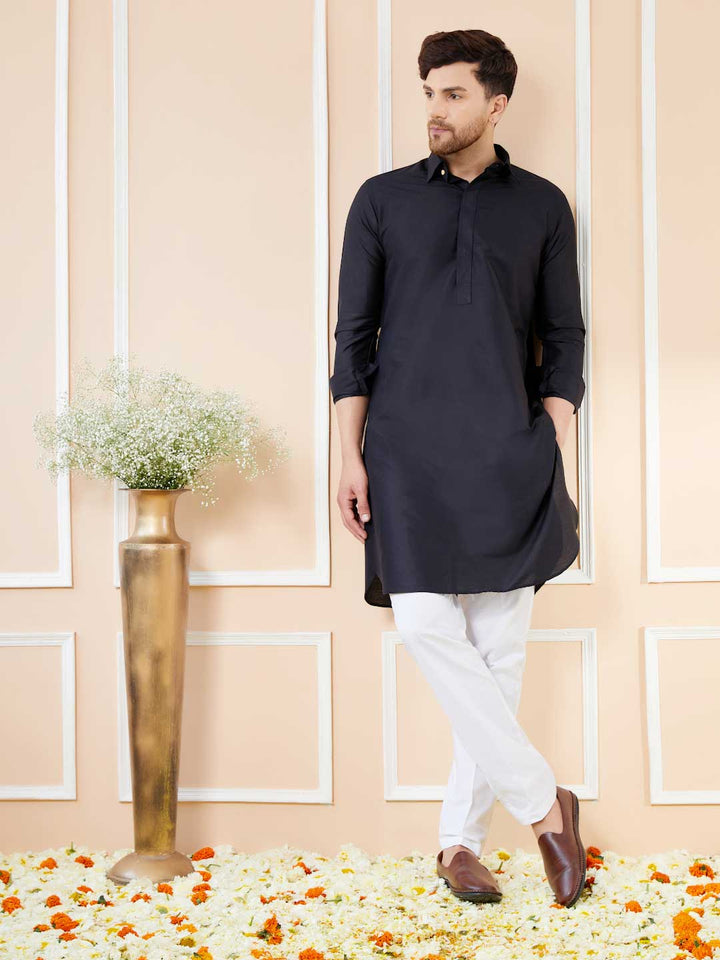 Black Cotton Solid Pathani Kurta with Pyjama