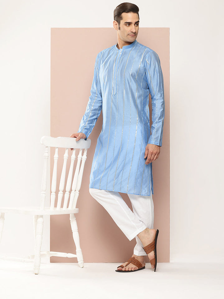 Men's Blue Chanderi Silk Embroidered Kurta, Paired with Pyjama