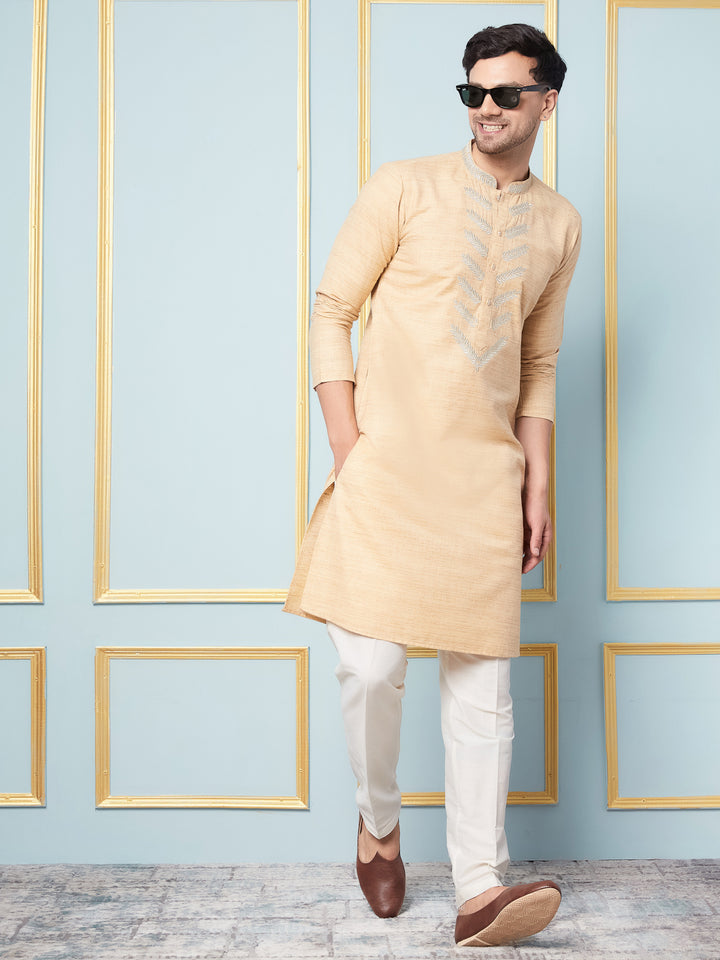 Pure Cotton Straight Kurta with Embroidered Neck Design and Pyjama