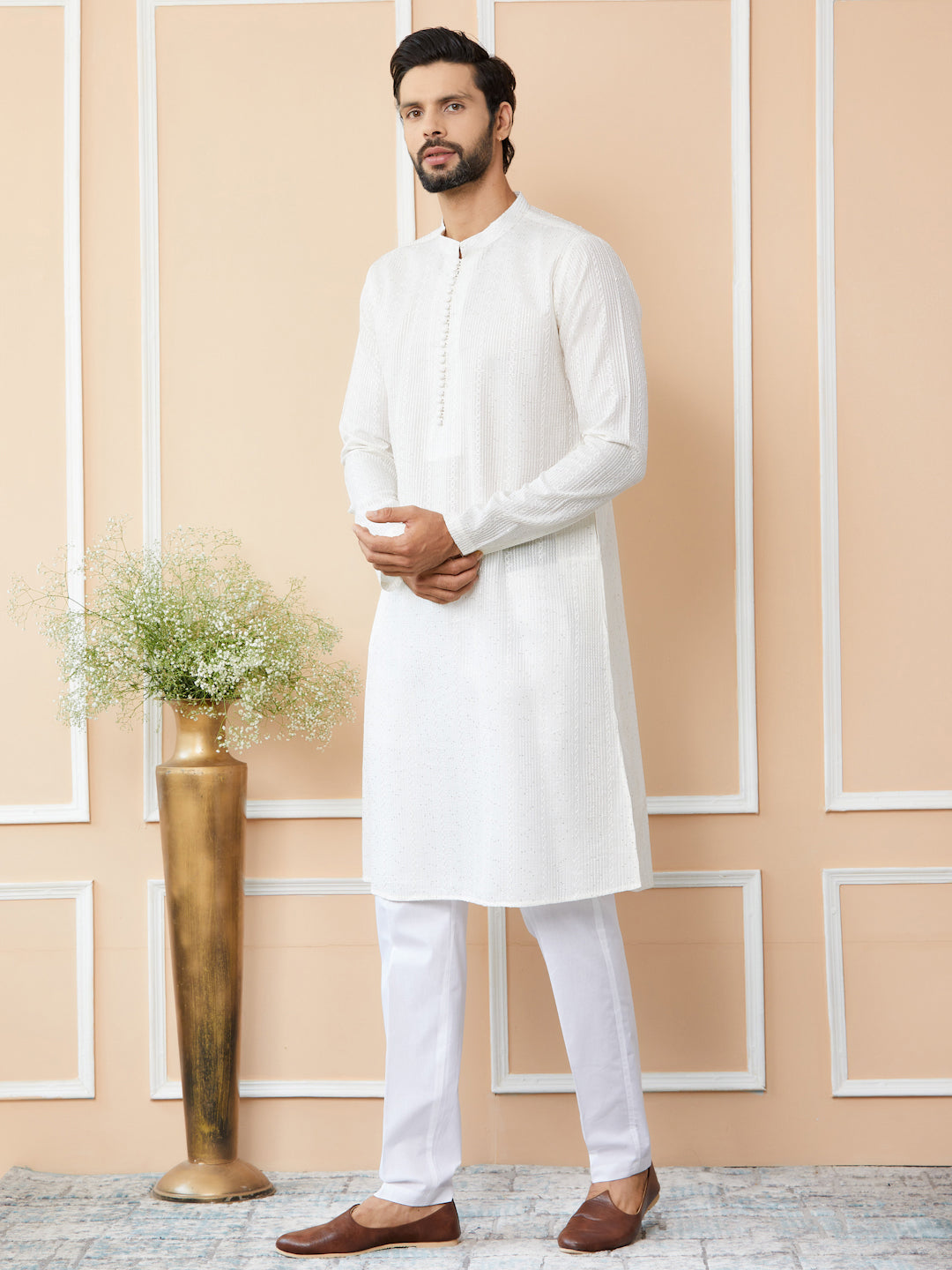 Off White Embroidered Thread Work Sequinned Chanderi Silk Straight Kurta with Pyjama