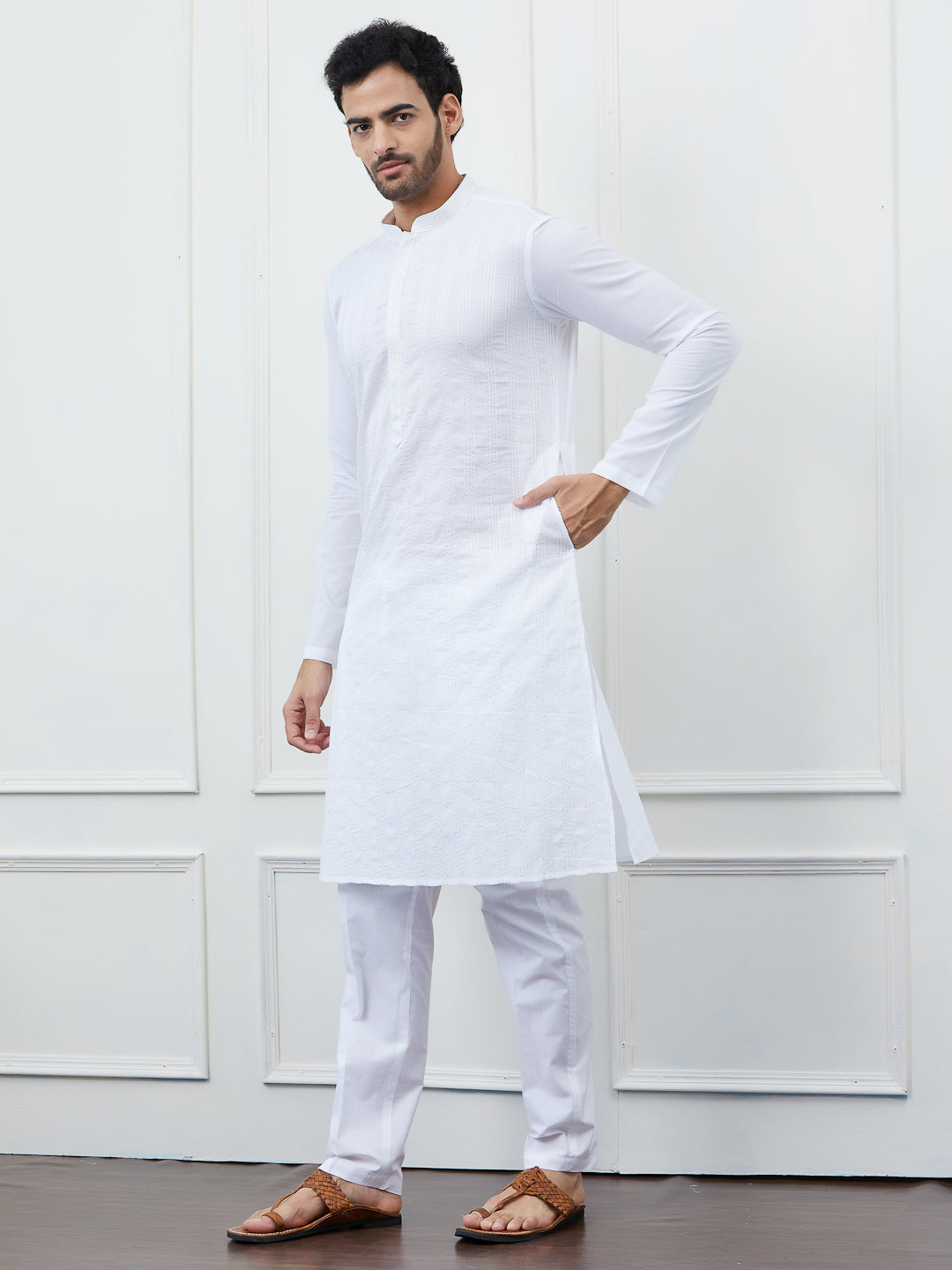 Sequin and Thread Work Pure Cotton Kurta with Pyjama