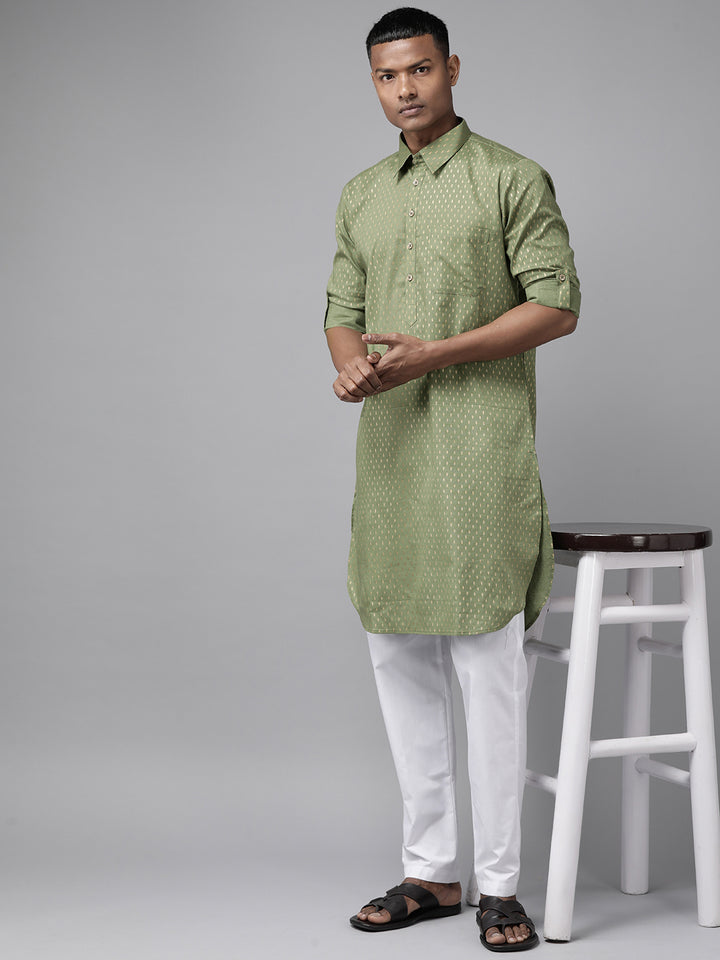 Pure Cotton Olive Green Printed Pathani Kurta