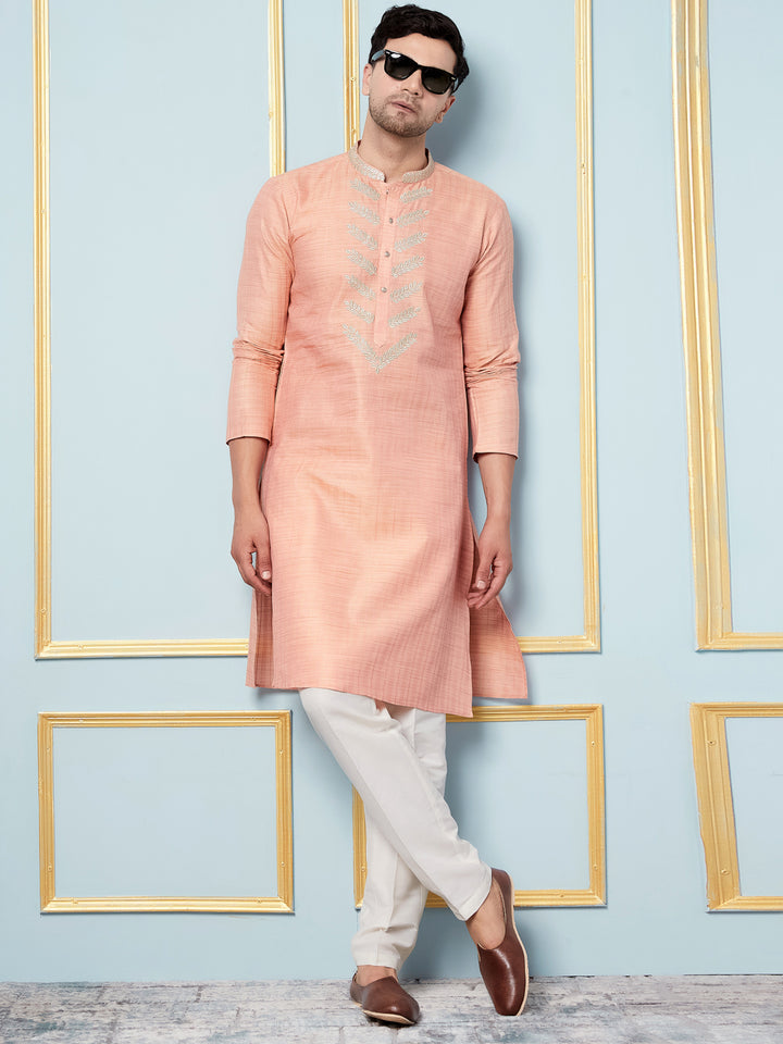 Pure Cotton Straight Kurta with Embroidered Neck Design and Pyjama