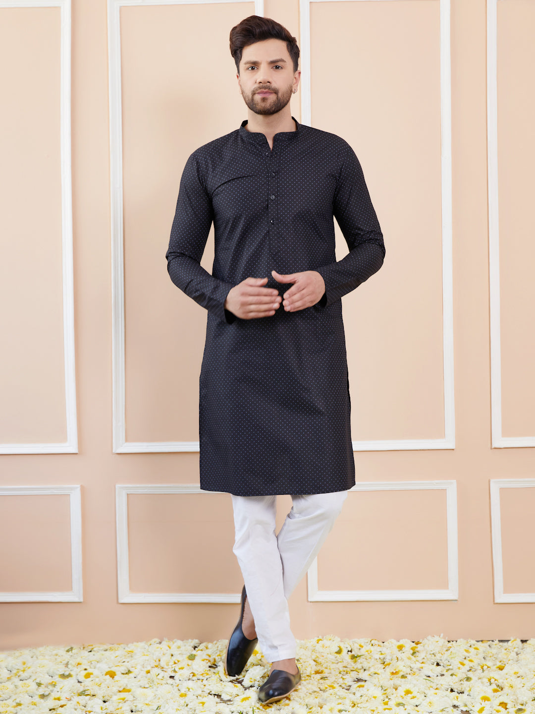 Black Printed Cotton Straight Kurta with Pyjama