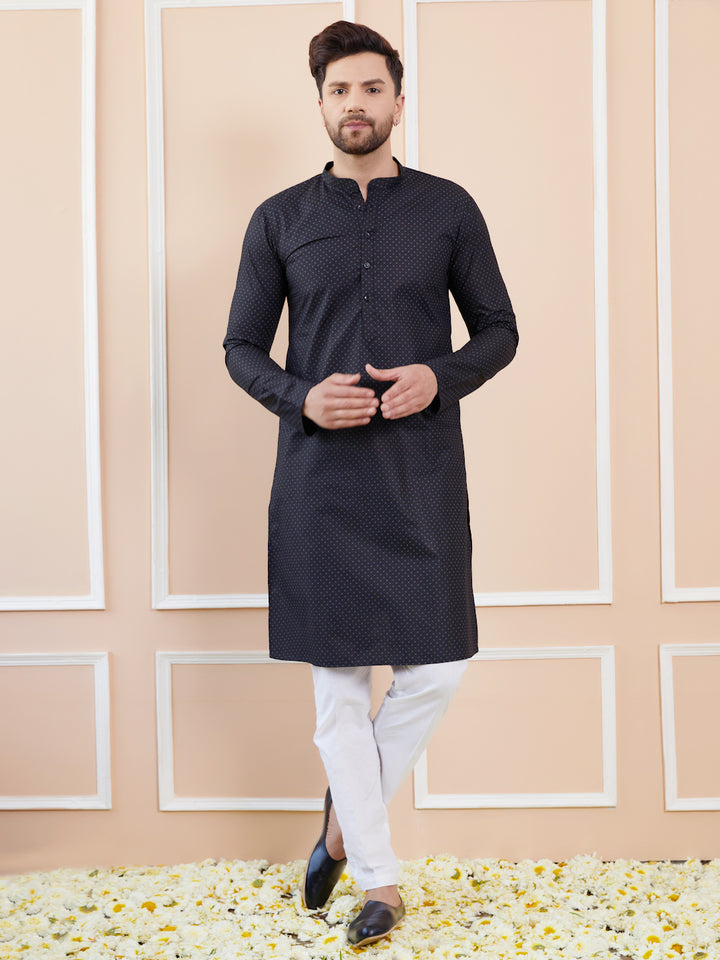 Black Printed Cotton Straight Kurta with Pyjama