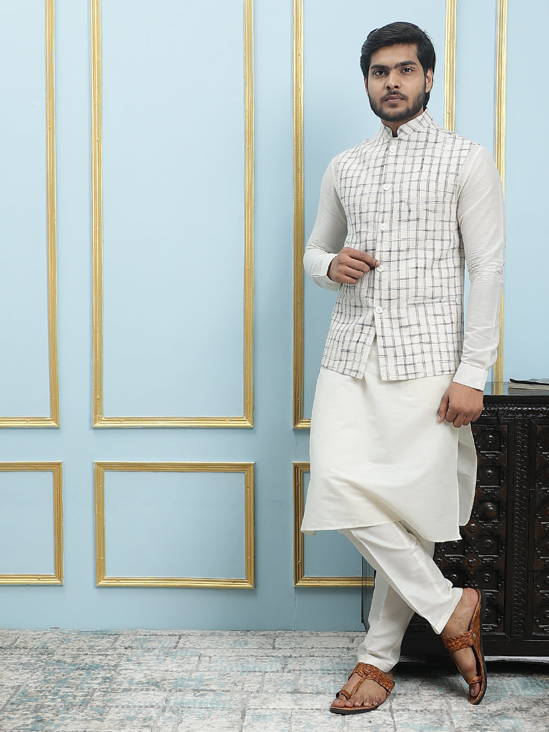 Pure Silk Straight Kurta & Pyjama Set with Handwoven Nehru Jacket