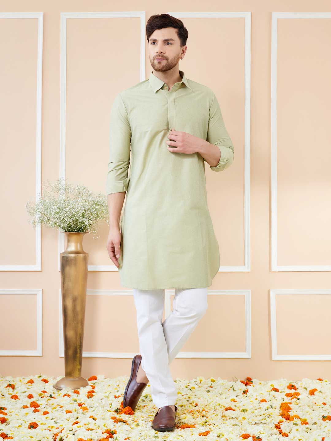 Green Cotton Solid Pathani Kurta