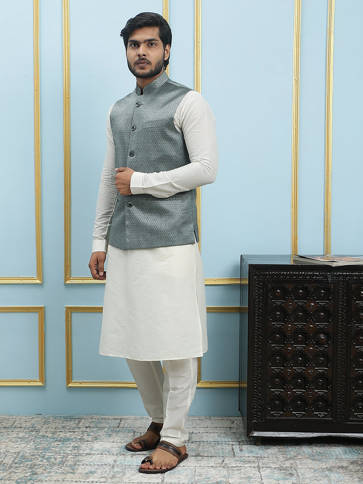 Pure Silk Kurta & Pyjama with Woven Jacquard Nehru Jacket