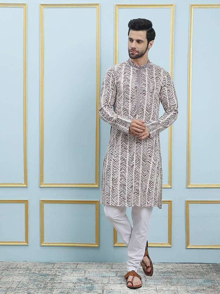 Printed Straight Cotton Silk Kurta with Embroidered Neck Design and Pyjama