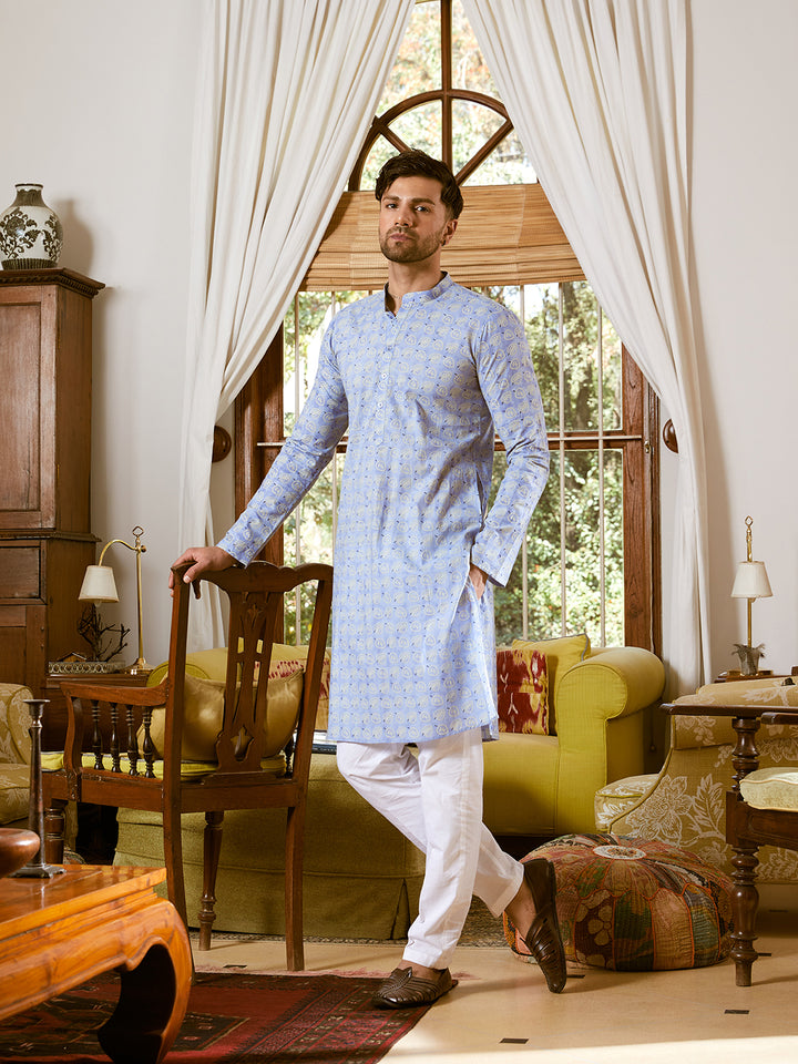 Leaf Printed Pure Cotton Straight Kurta with Pyjama