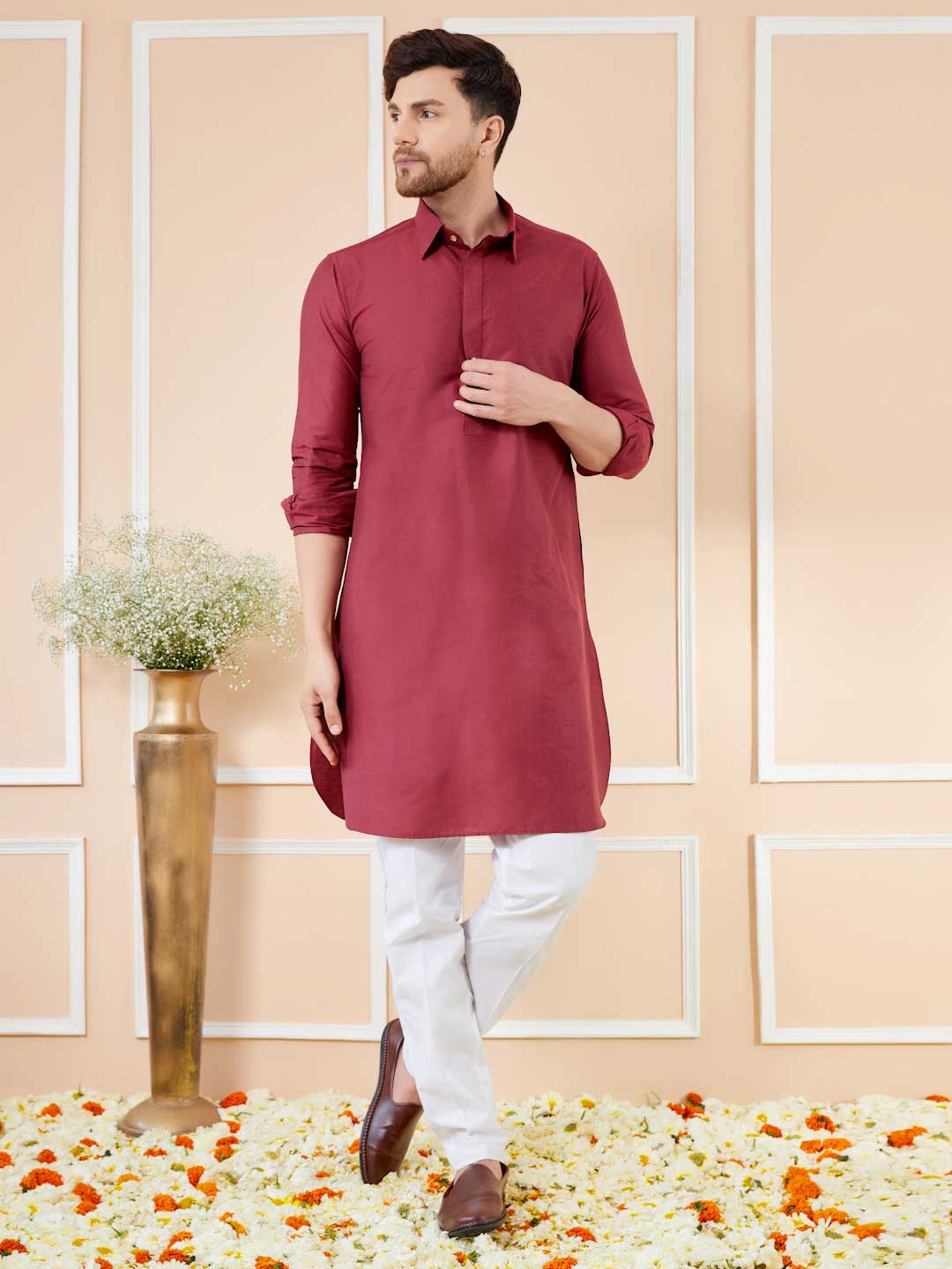 Maroon Cotton Solid Pathani Kurta