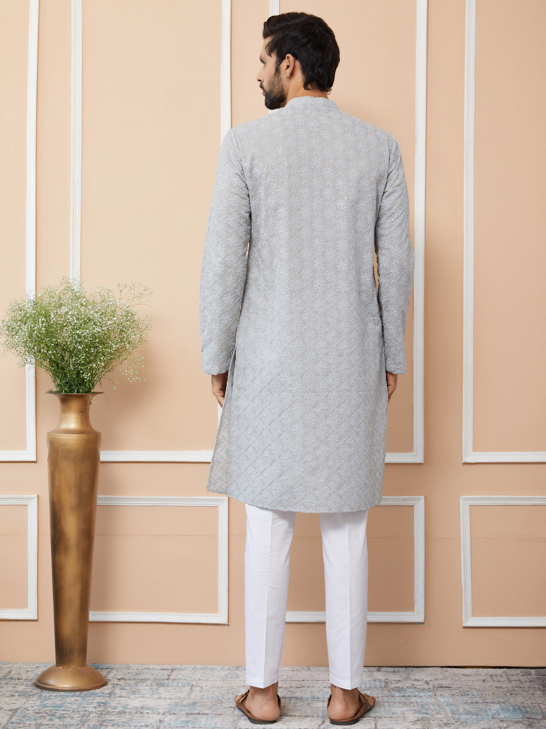 Grey Sequins and Thread Embroidered Cotton Straight Kurta