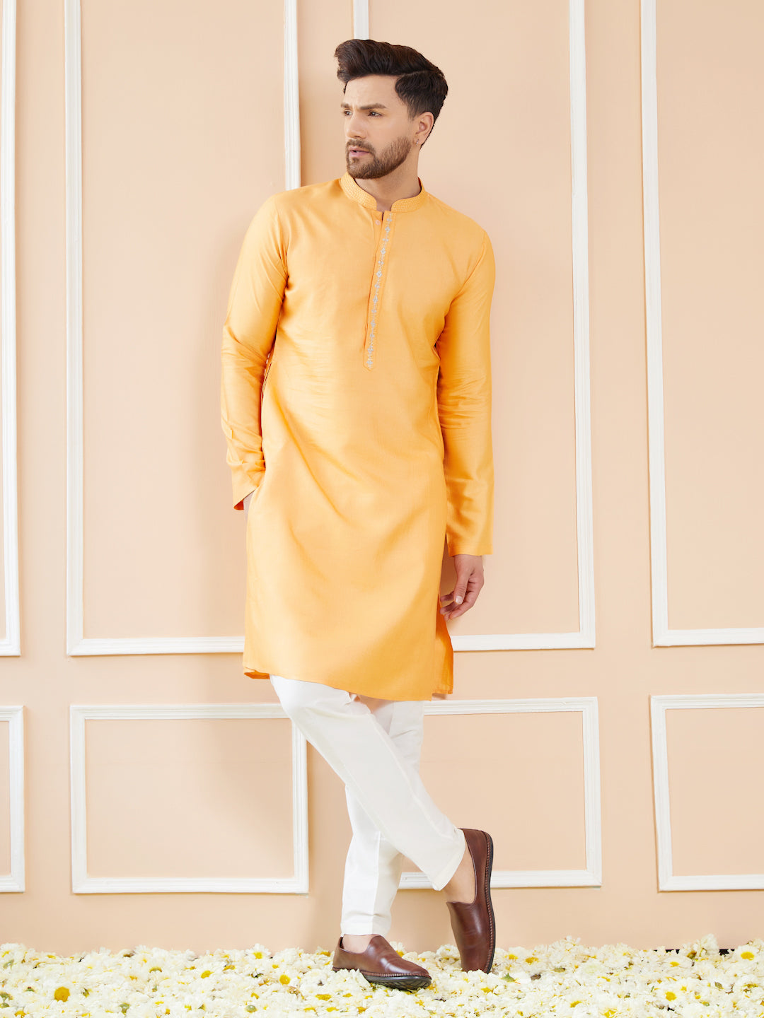 Peach Orange Chanderi Silk Straight Kurta with Embroidered Neckline