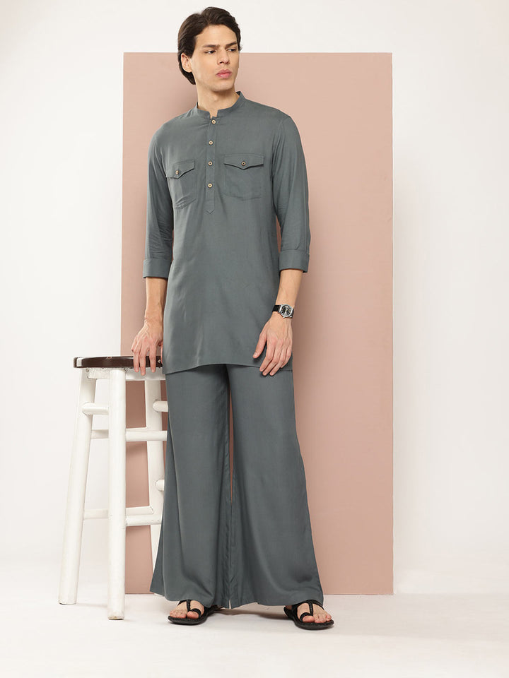 Men's Gray Rayon Solid Pathani Set