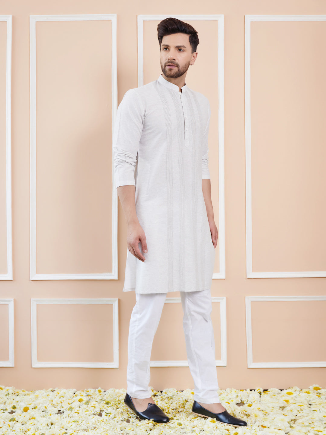 Men Off White Pintex Worked Cotton Silk Straight Kurta