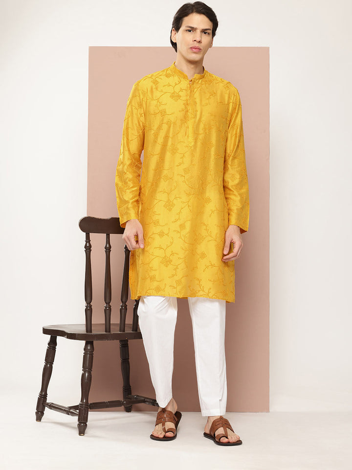 Men's Mustard Chanderi Silk Embroidered Kurta, Paired with Pyjama