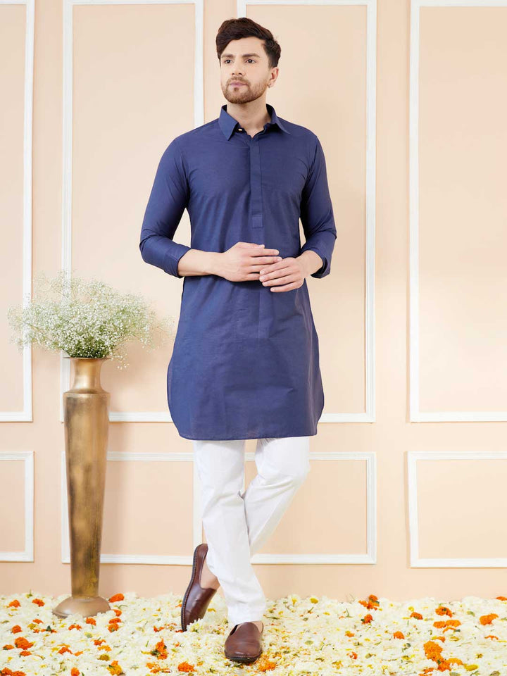 Navy Blue Cotton Solid Pathani Kurta