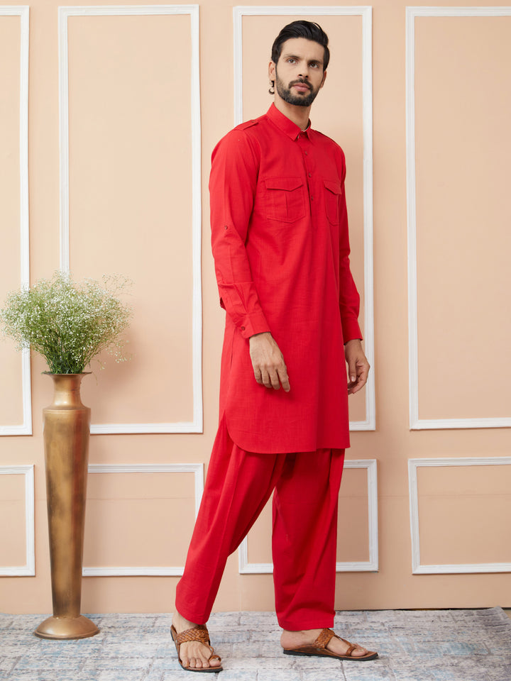 Red Cotton Slub Pathani kurta with Salwar