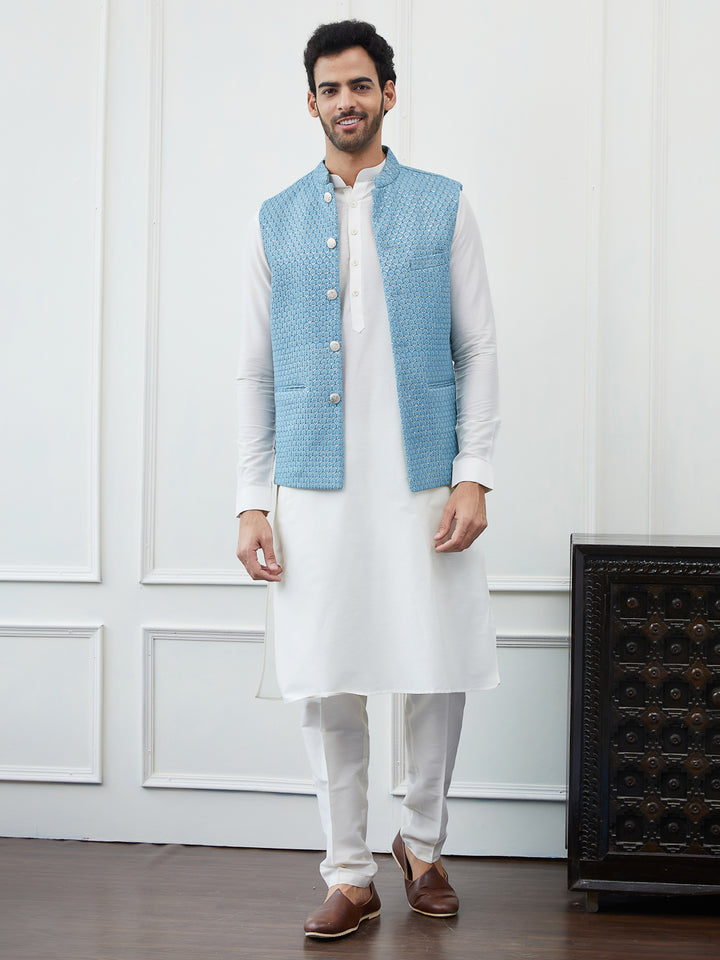 Pure Cotton Straight Kurta & Pyjama with Sequins Embroidered Nehru Jacket