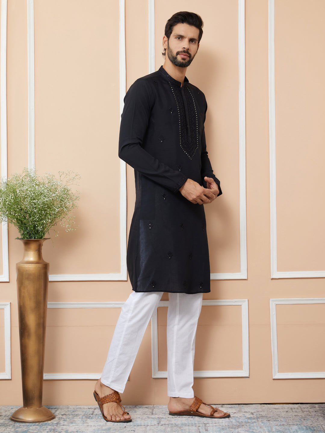 Black Embroidered Chanderi Silk Straight Kurta