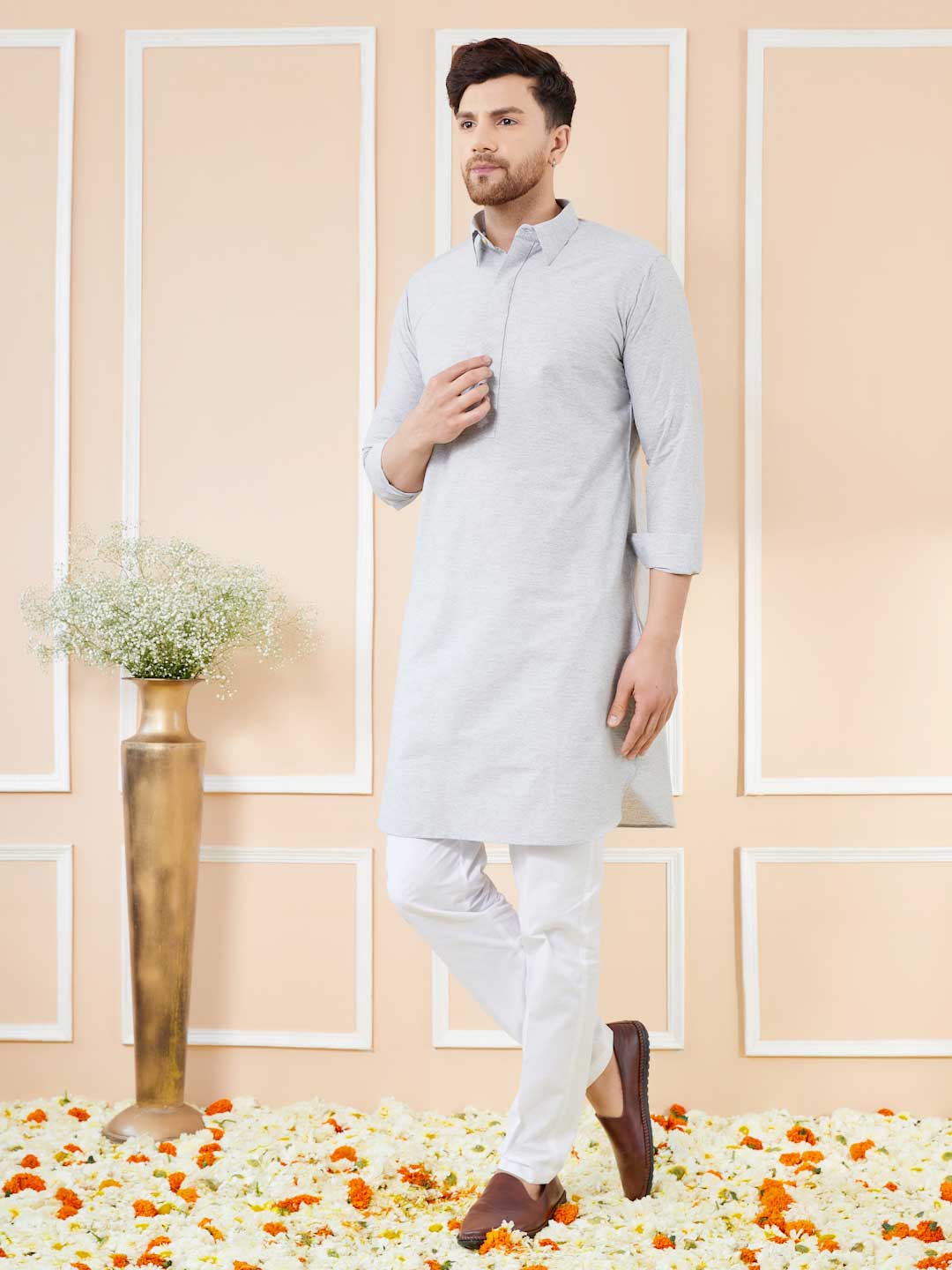 Grey Cotton Solid Pathani Kurta with Pyjama